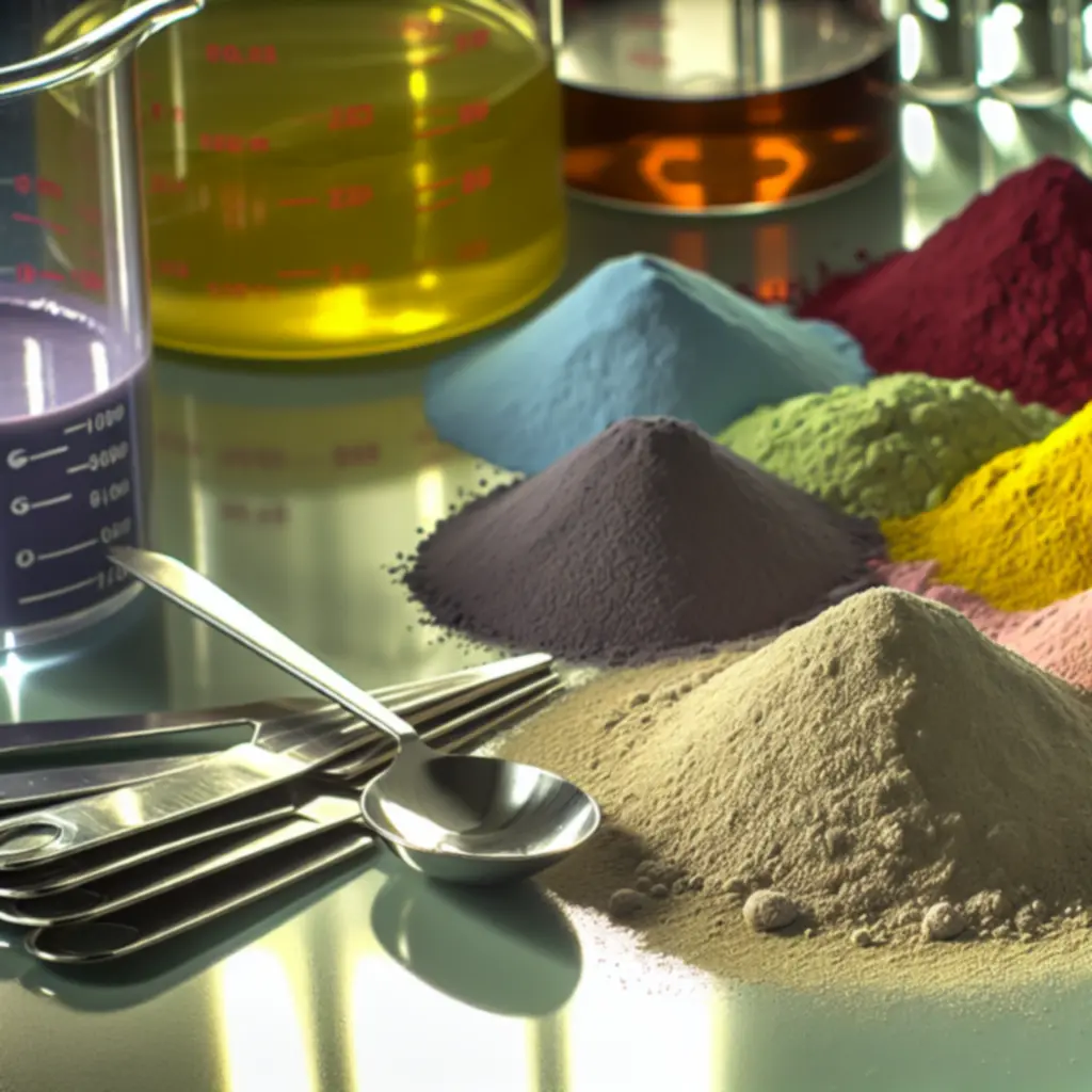 Kolorowe proszki z łyżeczkami miarkowymi na stole laboratoryjnym