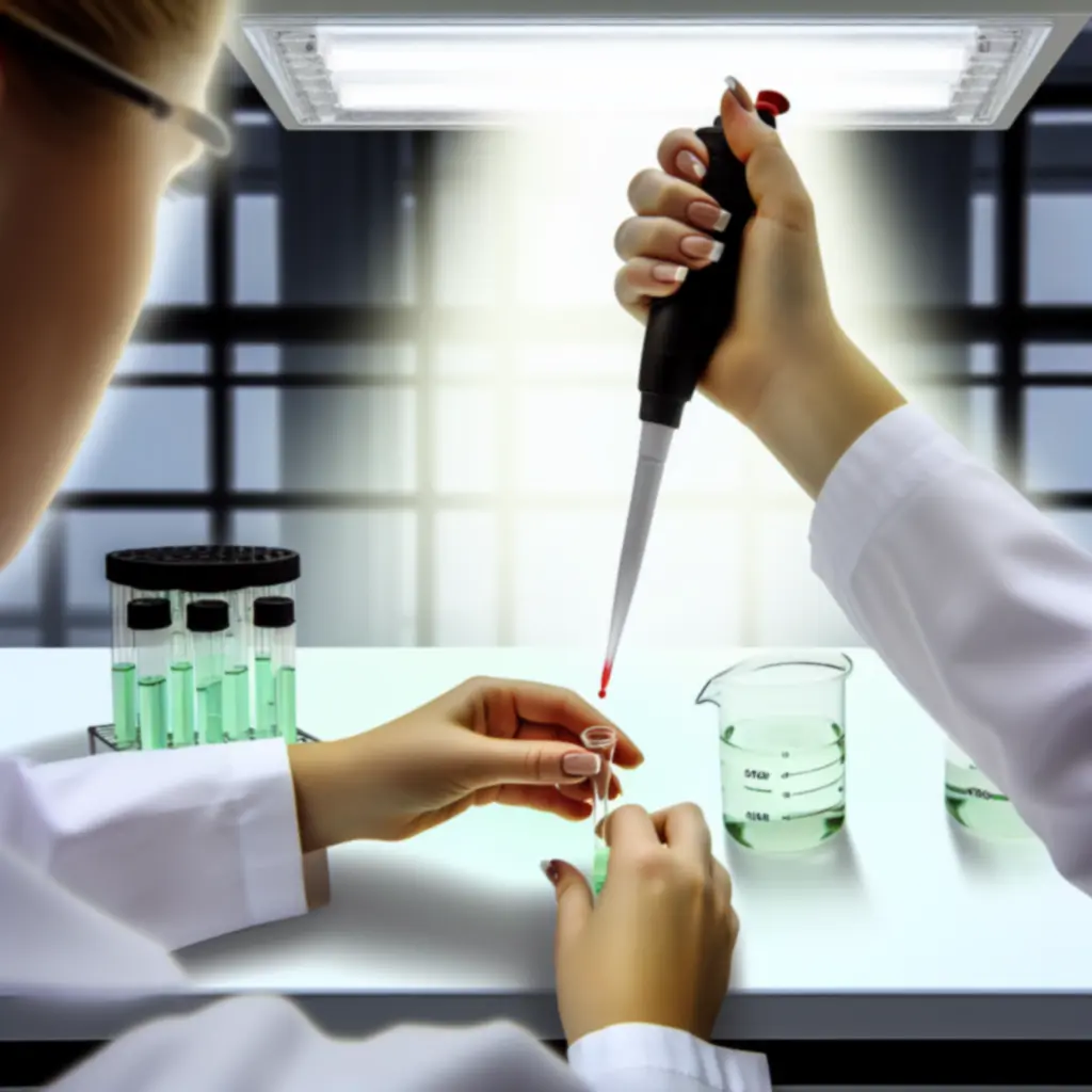 Ręka naukowca z pipetą nad zlewką