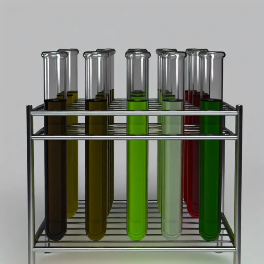 Probówki z kolorowymi roztworami w metalowym stojaku